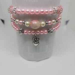 Chic Pink and Silver Beaded Stretch Bracelet Trio